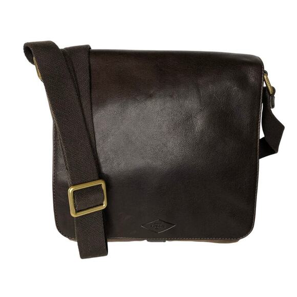 Fossil Trevor NS City Dark Brown Leather Messenger Style Crossbody Bag Unisex - Picture 1 of 16